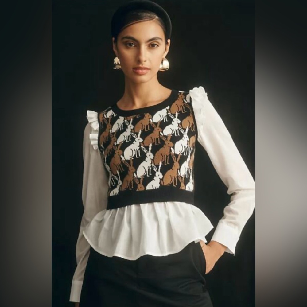 Maeve Ruffled Twofer Layered Sweater Vest - Bunny Pattern